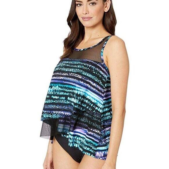 MIRACLESUIT MIRAGE TANKINI SWIM TOP SZ 10 UNDERWIRE SWIMSUIT BLACK STRIPE - Picture 1 of 9
